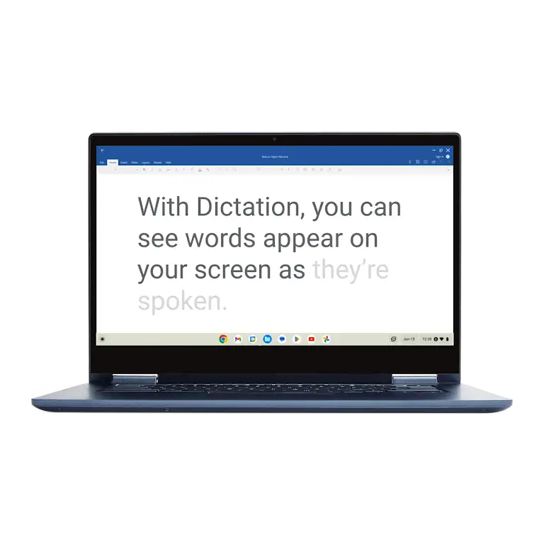 A Chromebook is open, showing the functionality of the dictation feature.