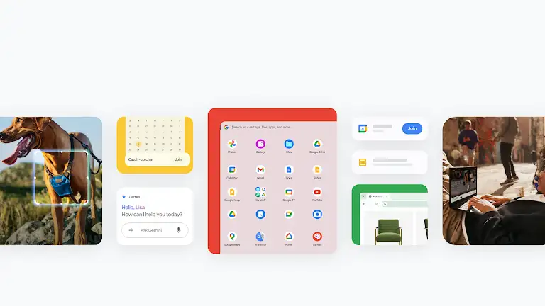 Assortment of images highlighting Google apps and features available on Chromebook laptops.