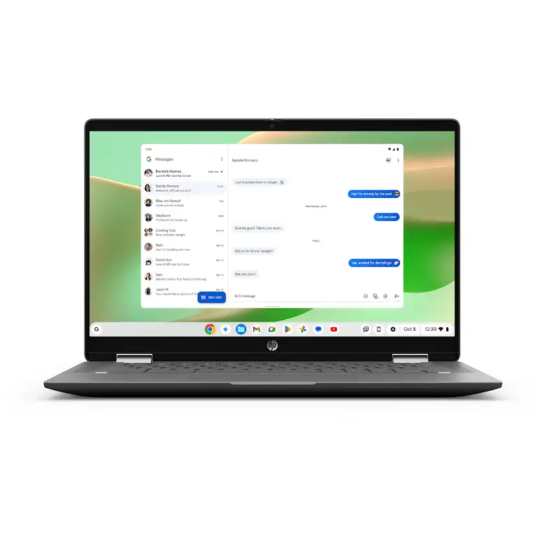 Animation showing text messages being sent on a Chromebook, highlighting ability to send and receive messages across multiple devices.