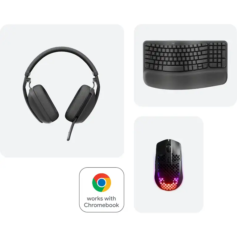 Images of the types of accessories that are compatible with Google Chromebook laptops, including headphones, keyboards and mice.