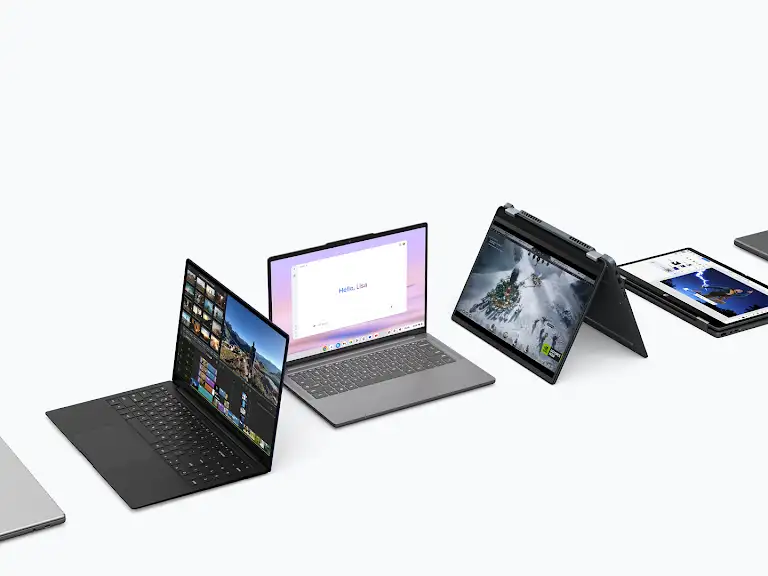 Animation showing multiple Chromebook Plus laptops opening, each with different screens loading to illustrate the breadth of apps available.