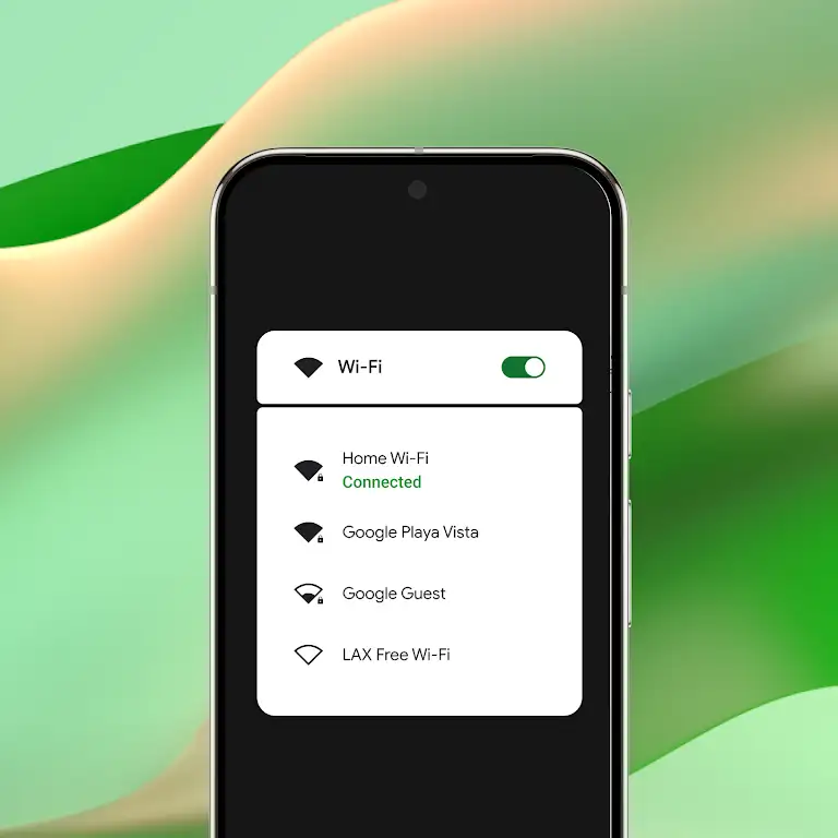 Animation showing automatic connection to wi-fi networks on linked Chromebook and Android devices.