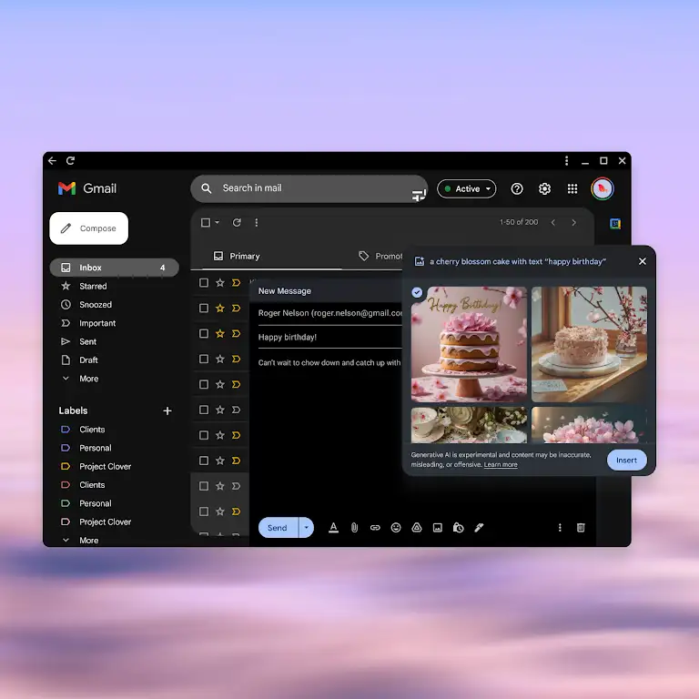 Animation showing someone using Quick Insert to create an image of a birthday cake and insert it into an email.