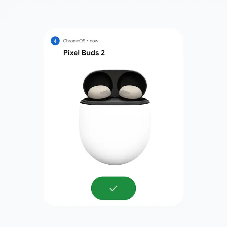 Animation showing auto detection and easy pairing of Pixel buds on a Chromebook